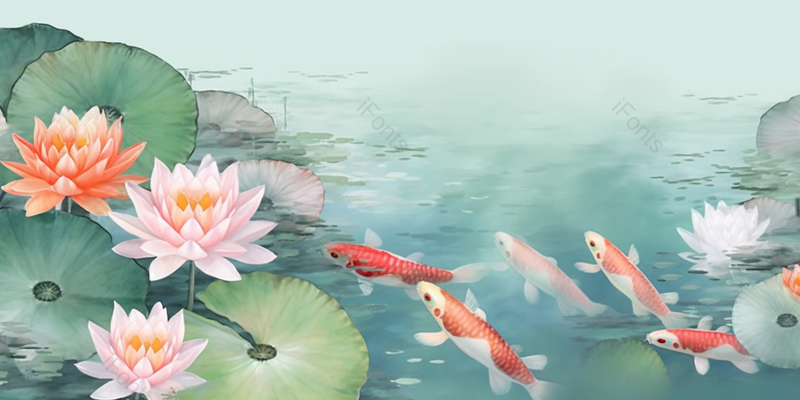绿色清爽夏天金鱼鲤鱼锦鲤荷花在池塘里绽放中国风背景插画,插画/手绘图,插画/手绘图库,插画/手绘图下载,插画/手绘